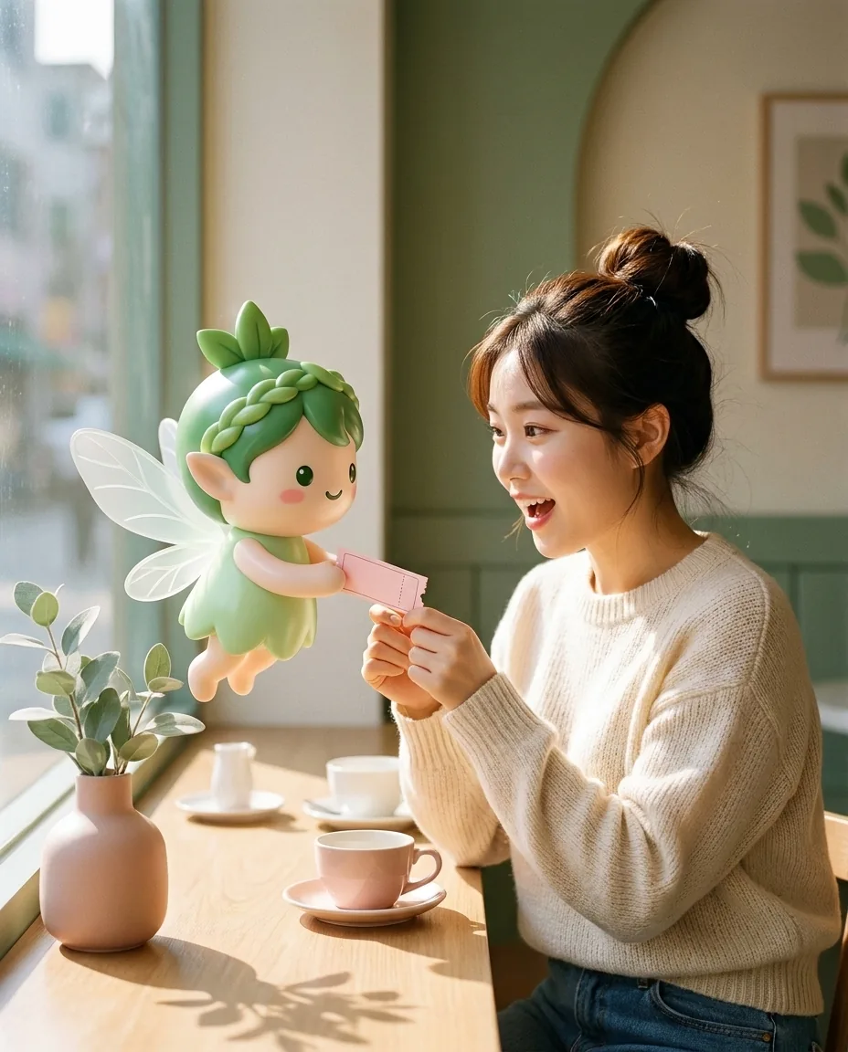 지니가 건네는 쿠폰을 손님이 손끝으로 받는다