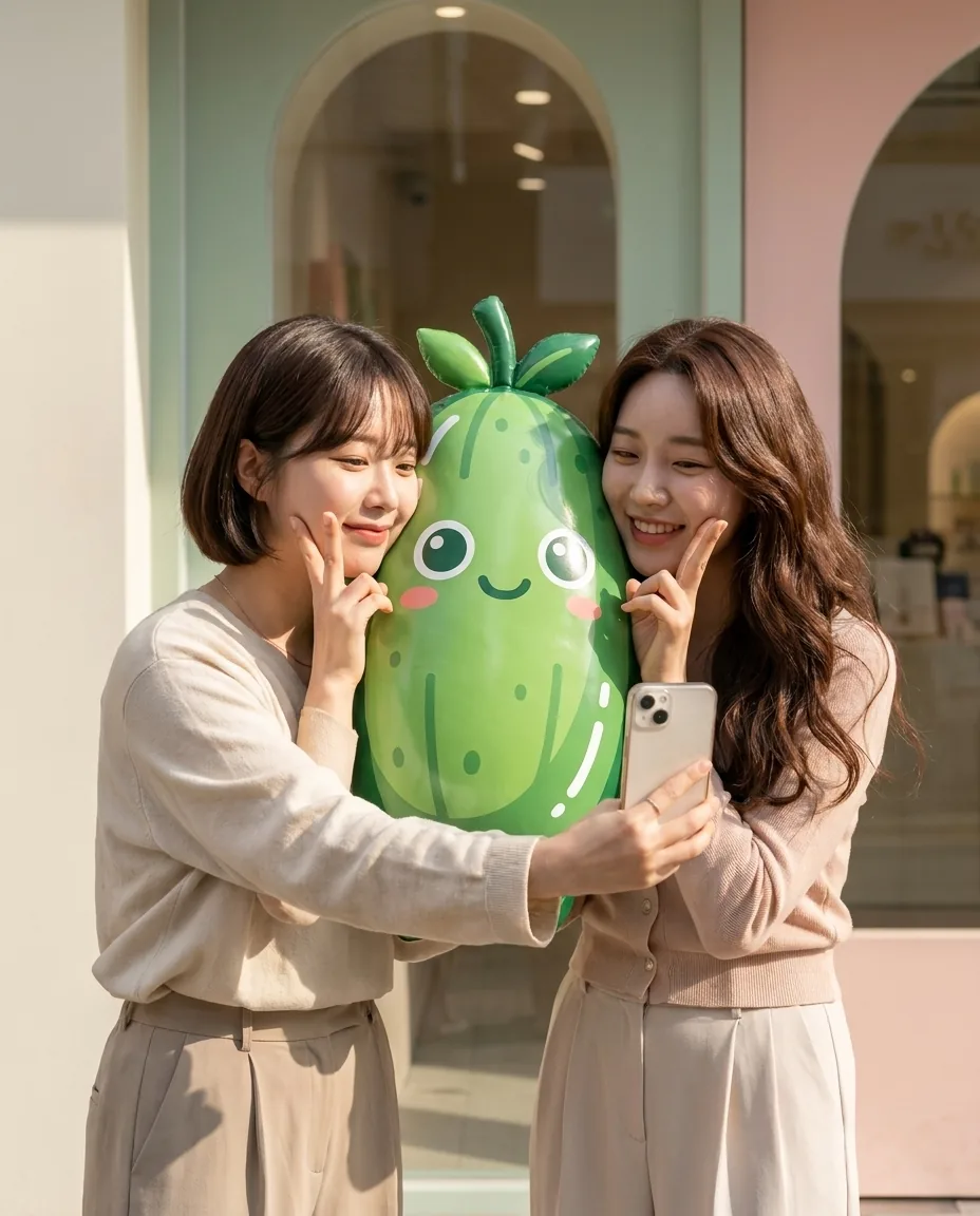 오이쁨을 가운데 두고 셀카 찍는 두 친구